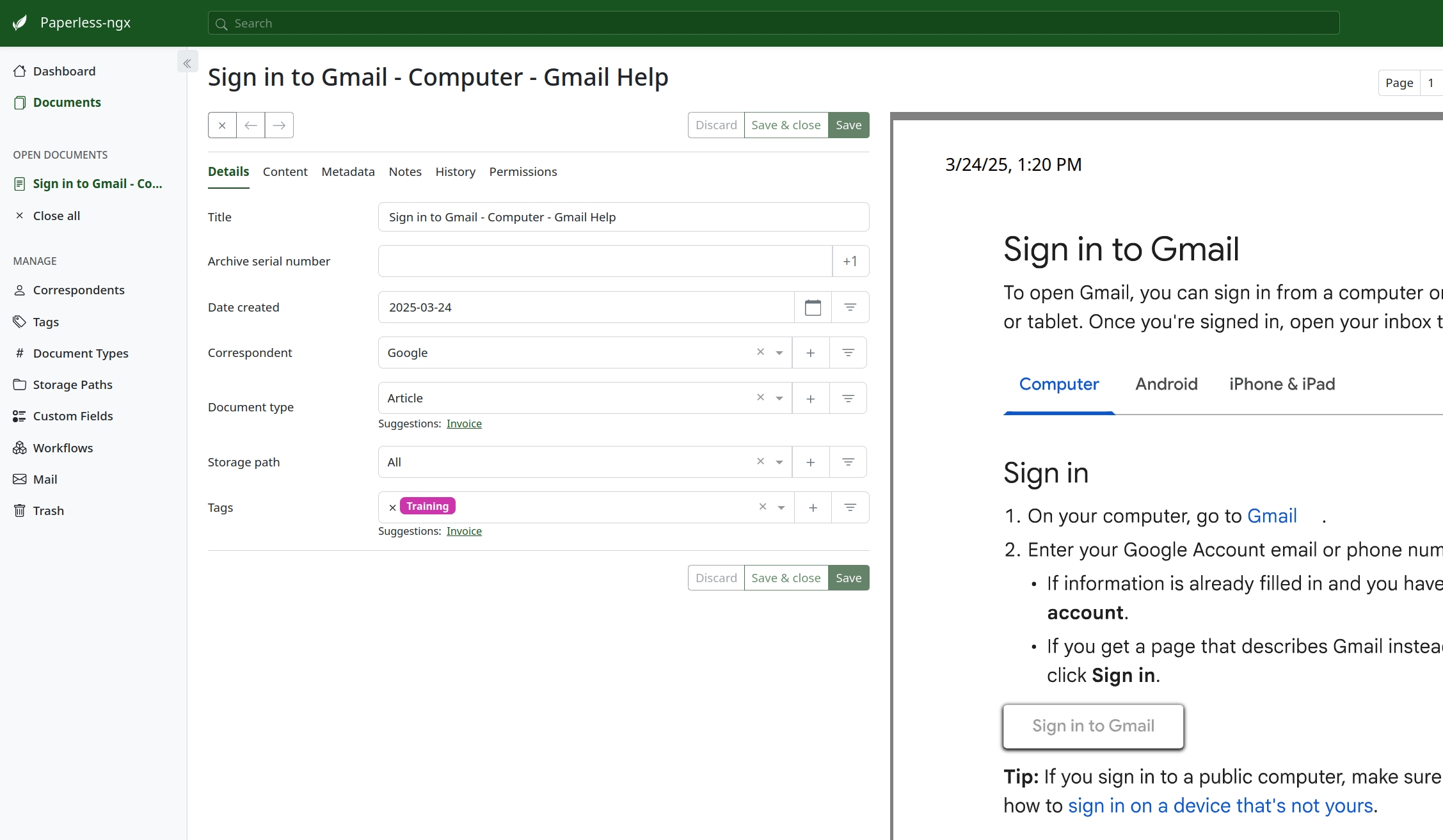 screenshot of Paperless interface